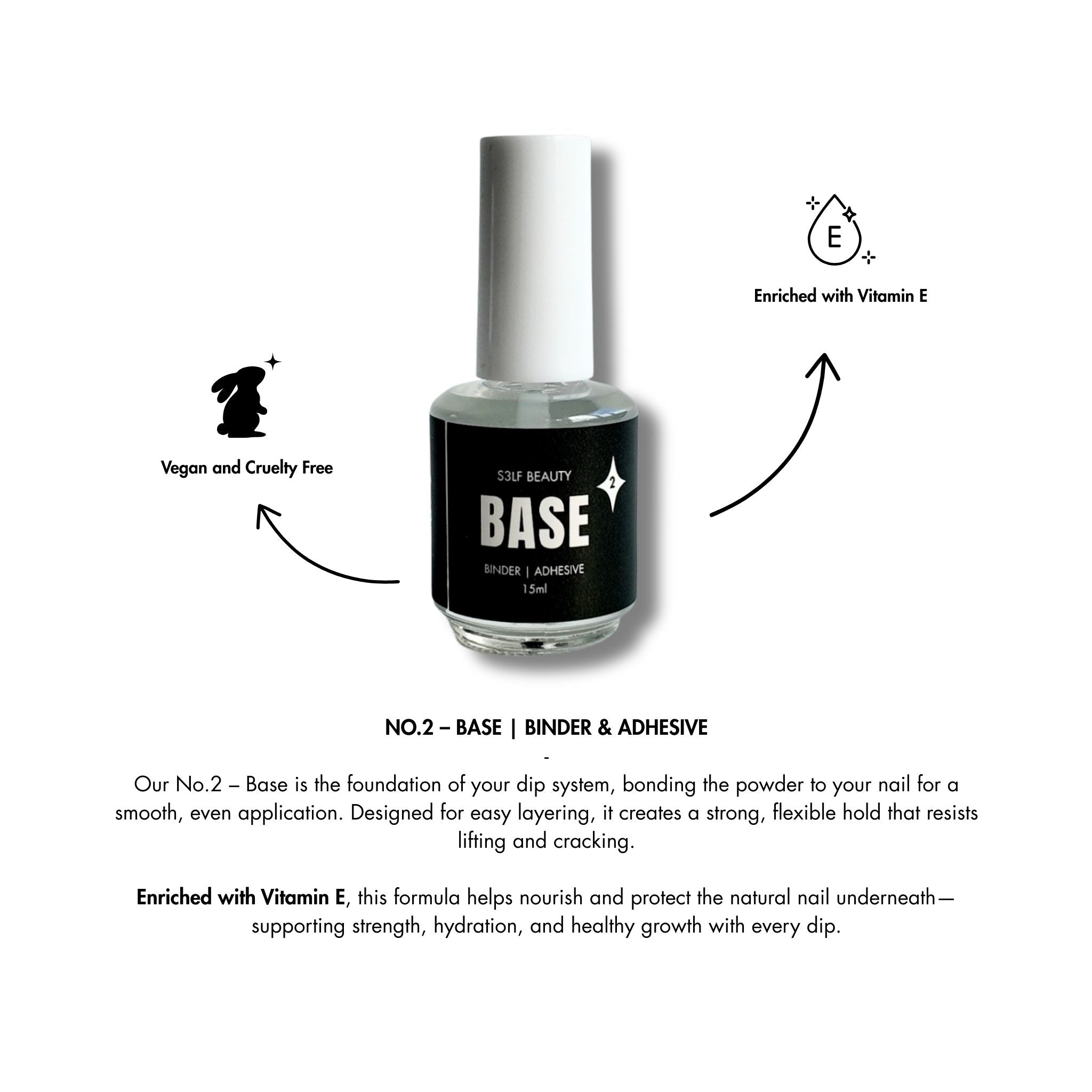 Nail base coat bottle with branding and product features on a white background