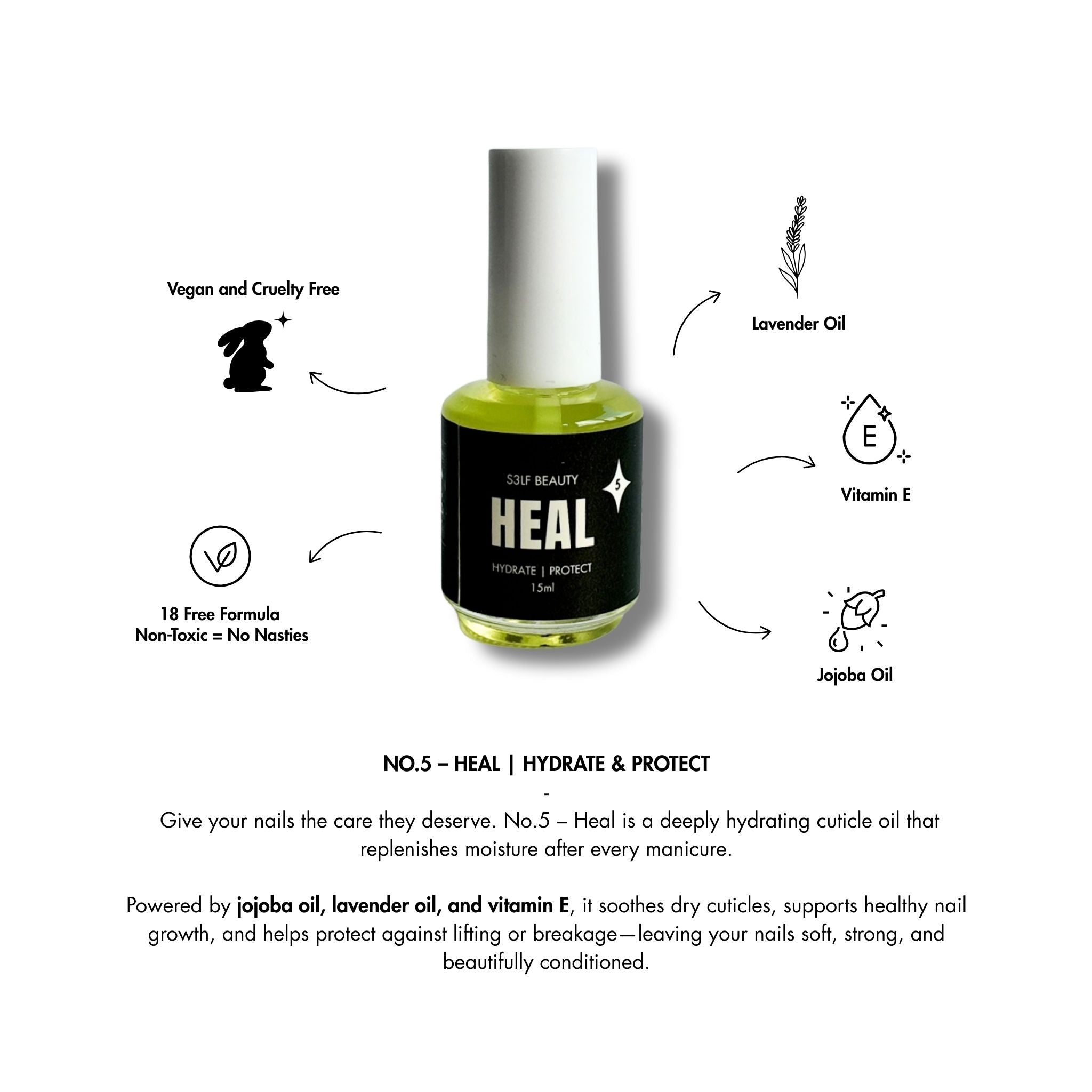 HEAL cuticle oil bottle with product details on a white background