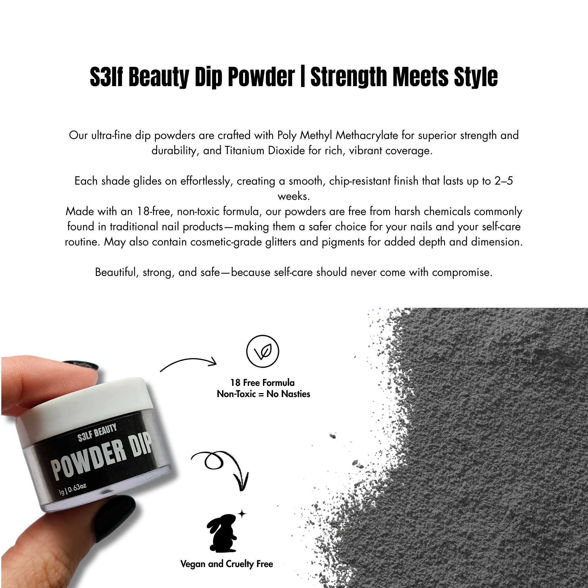 S3lf Beauty Dip Powder container with text about product features on a white background