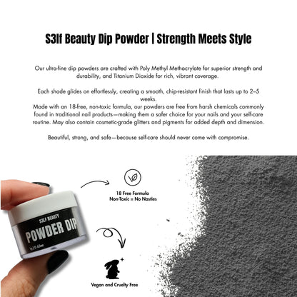 S3lf Beauty Dip Powder container with text about product features on a white background