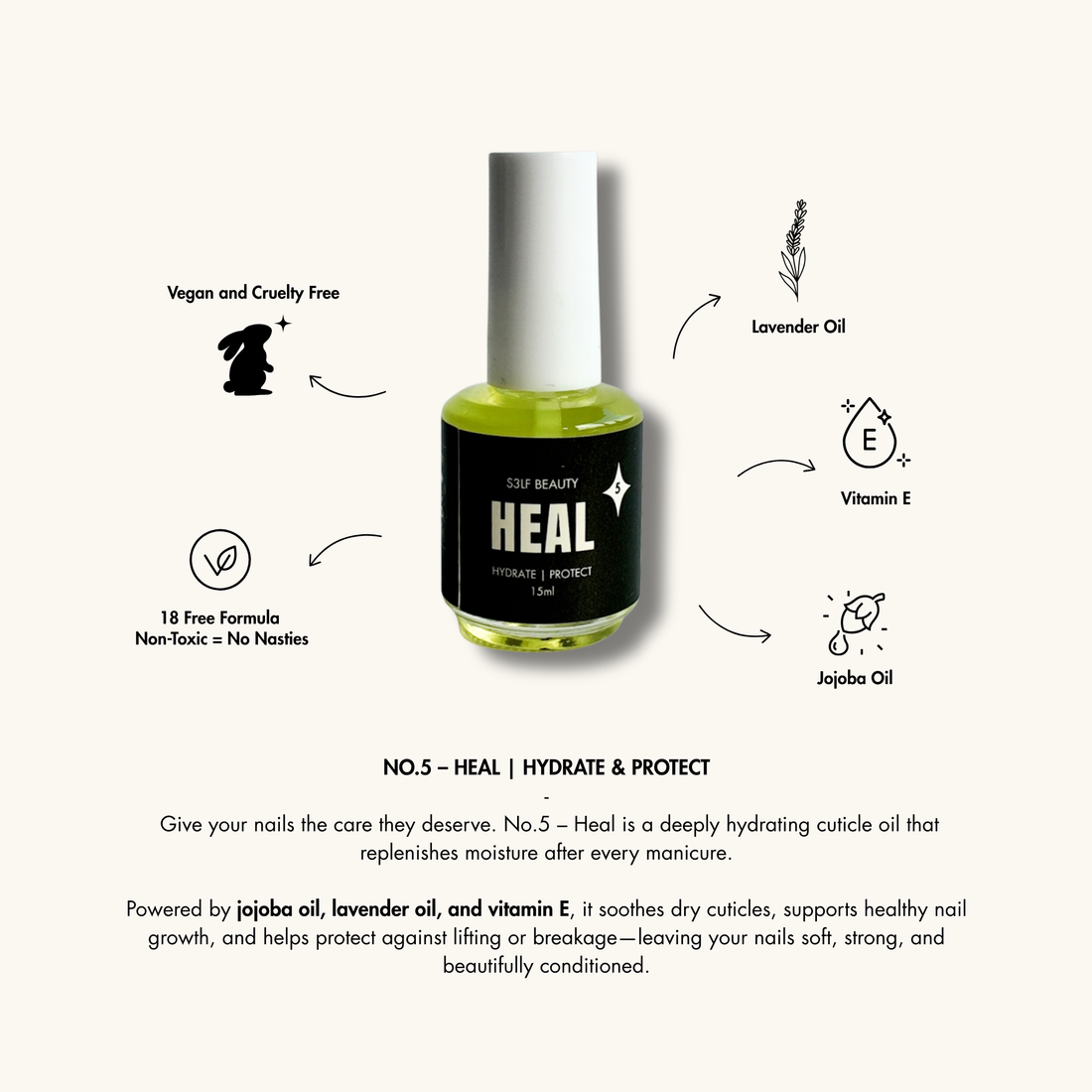 Heal cuticle oil bottle with product details on a white background