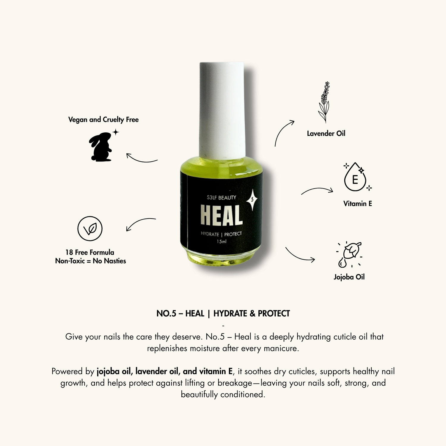 Heal cuticle oil bottle with product details on a white background