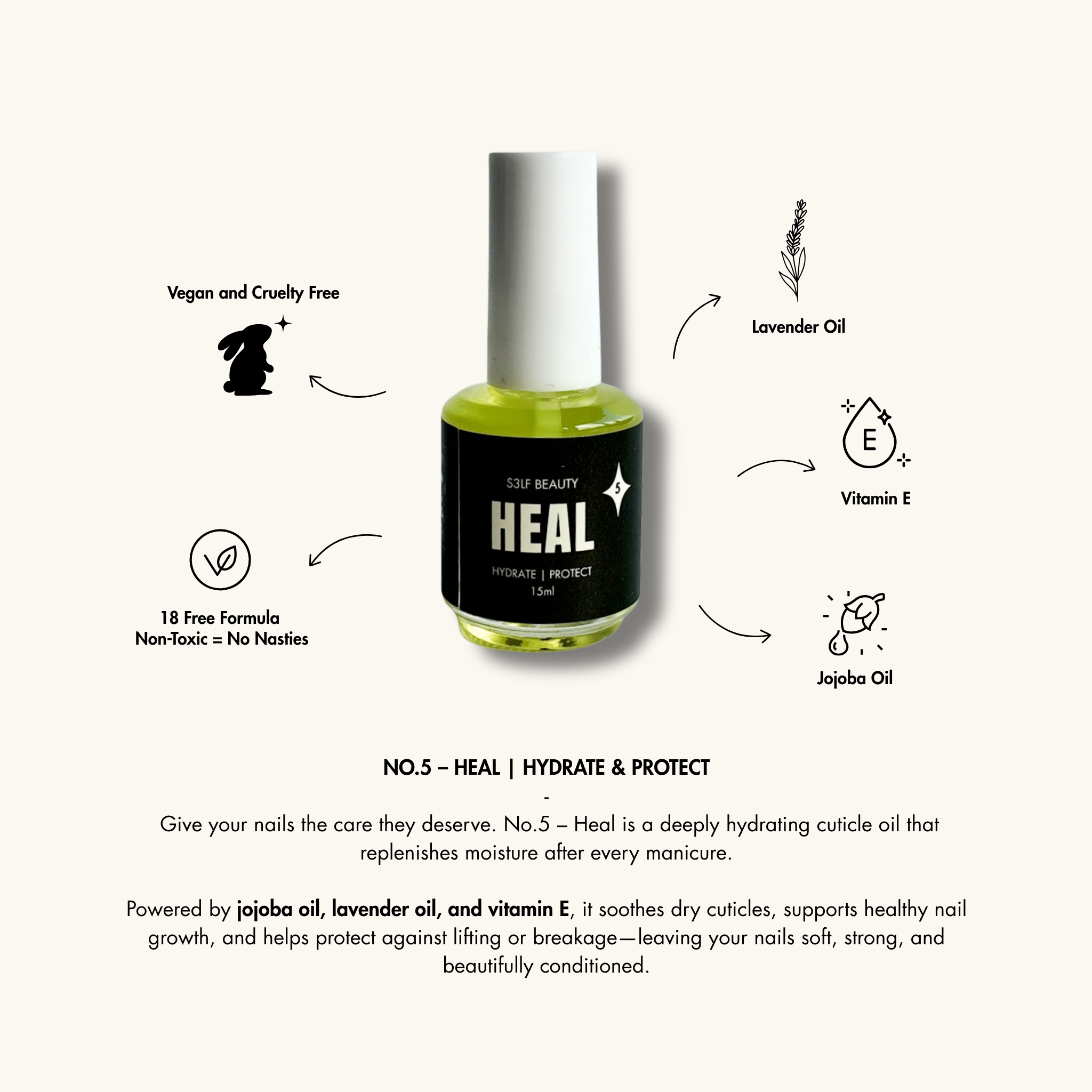 Heal cuticle oil bottle with product details on a white background