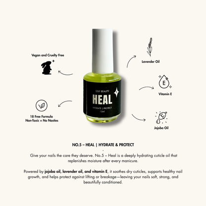 Heal cuticle oil bottle with product details on a white background