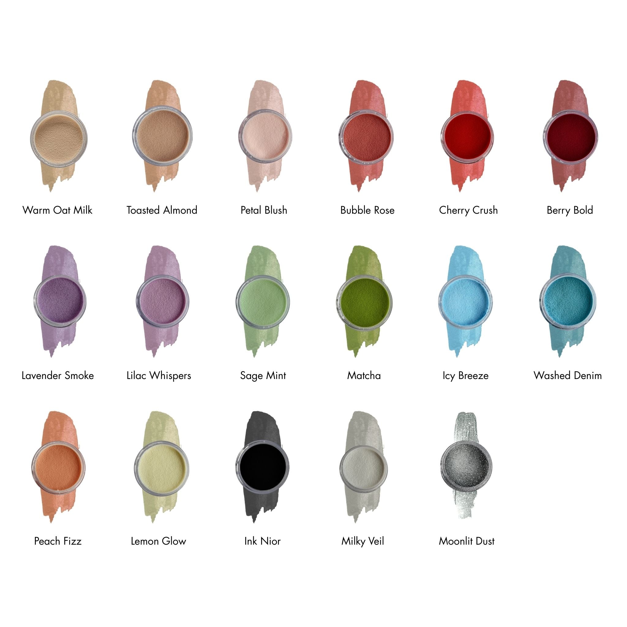 Color swatches of various shades with names below on a white background
